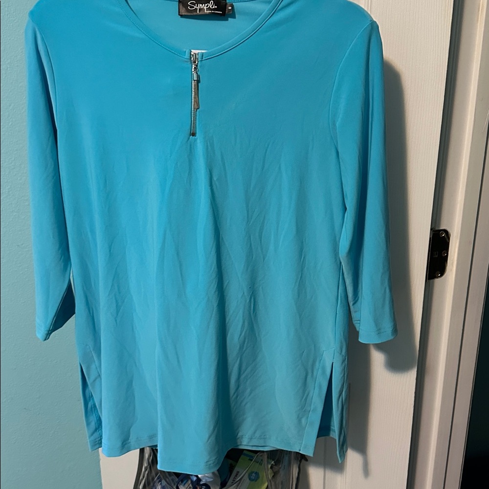 SYMPLI Canadian Zip Up Scoop Neck 3/4 Sleeve Popover Top